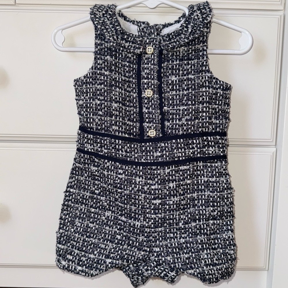 Janie and Jack navy and white tweed shorts romper. Baby girl size 6-12 months.